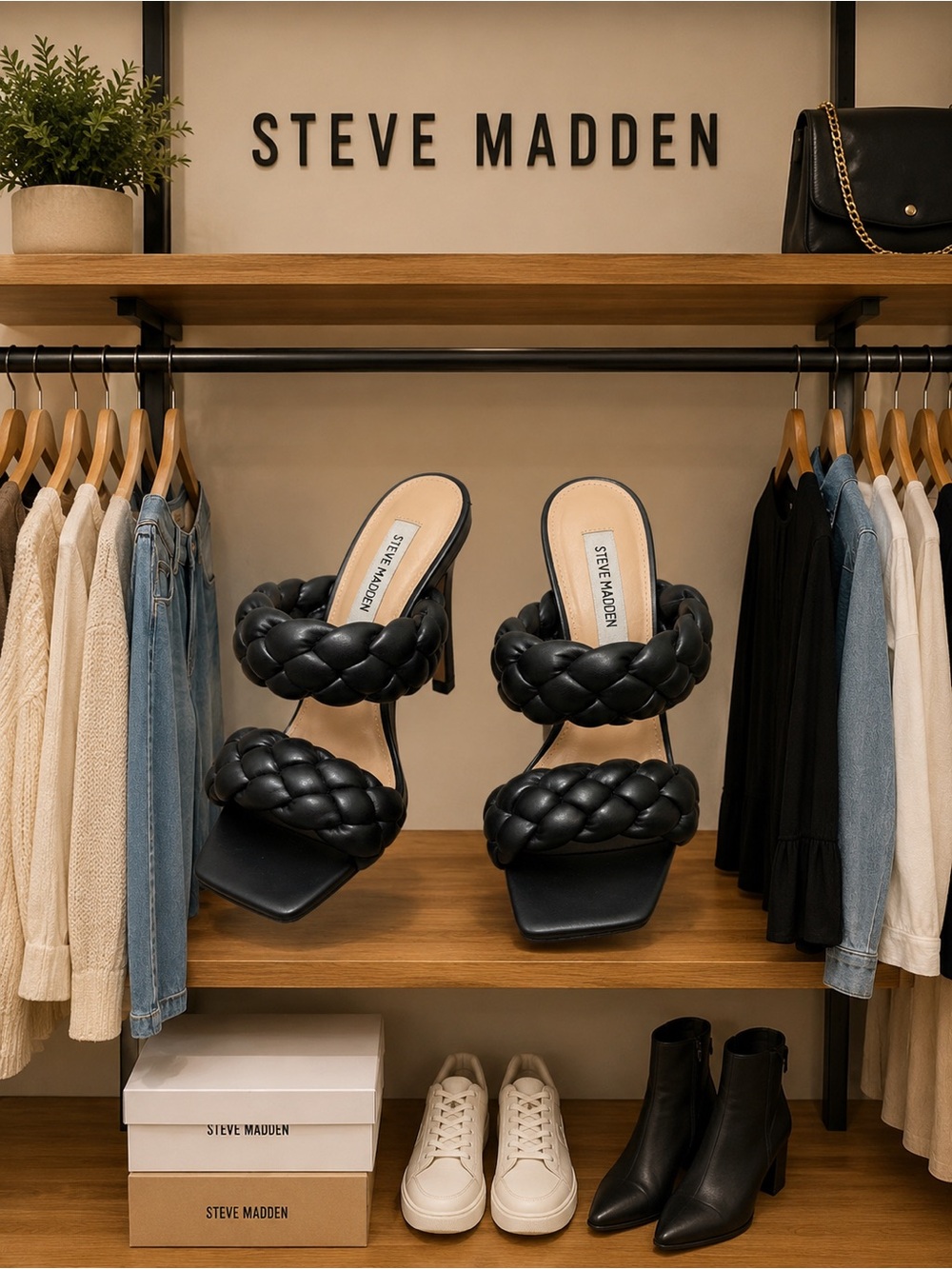Steve Madden Black Braided Double-Strap High Heel Sandals